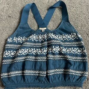 Ecote Blue and White Embroidered Crop Top
